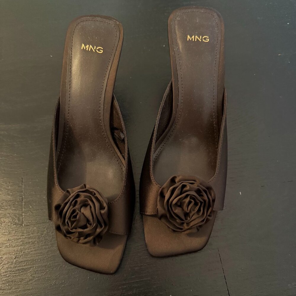 Mango Satin Mule Heel Brown Flower - 6.5